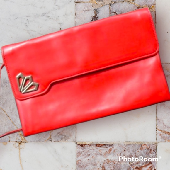VTG 80s Red Convertible Shoulder Hand Bag Clutch Purse Built-in Compact Mirror - Picture 6 of 16